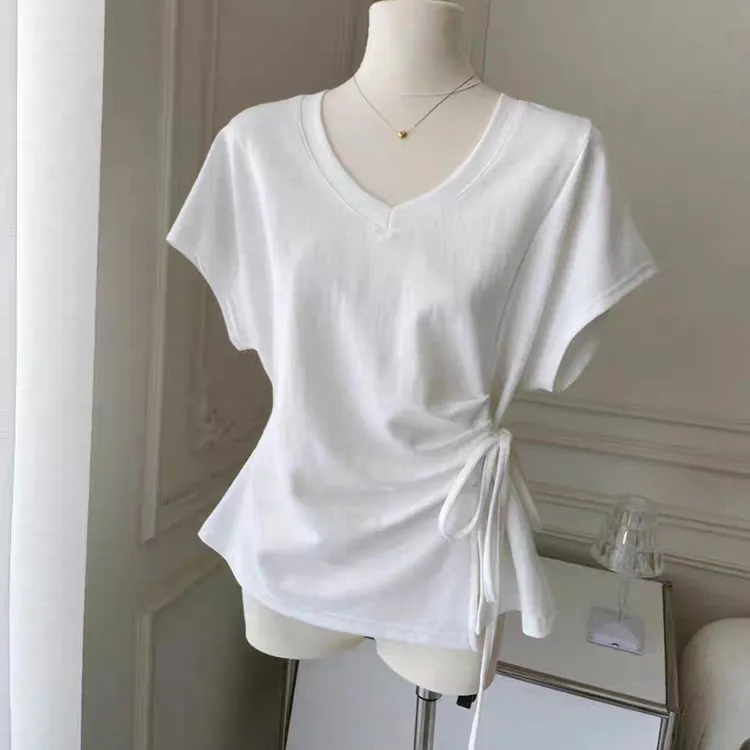 韩系气质白色v领系带收腰短袖t恤女夏季新款慵懒风松弛感百搭上衣