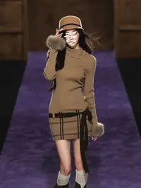 【米妮】“张元英感 ”毛毛袖口高领针织连衣裙气质短裙