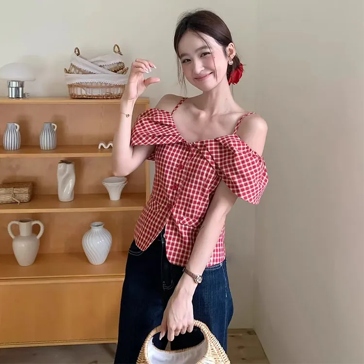 大码韩版短袖衬衫女夏季露肩吊带衬衣胖MM显瘦甜美减龄上衣-X8141