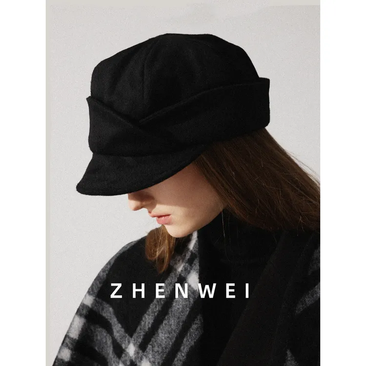 张婧仪同款贝雷帽女冬高级感显脸小黑色报童帽羊毛呢复古八角帽子