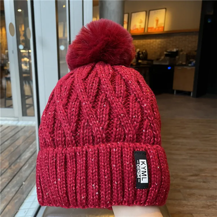 新款韩国毛球亮片毛线帽女秋冬加厚保暖可爱毛球帽子百搭针织帽潮