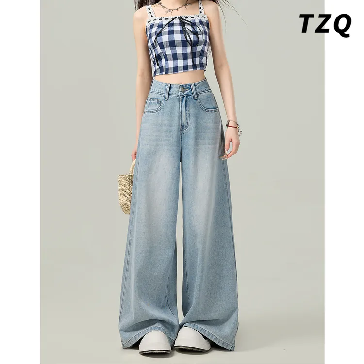 美式浅蓝色阔腿牛仔裤女款爆款2025秋季厚款高腰垂感直筒拖地长裤