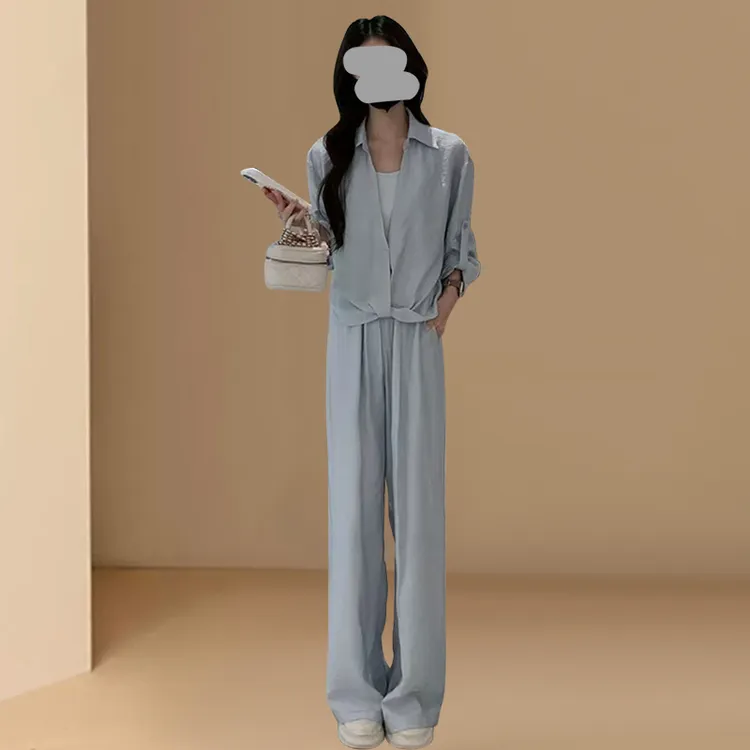 2025夏季新款时尚简约气质百搭显瘦长袖衬衫+吊带+阔腿裤三件套女