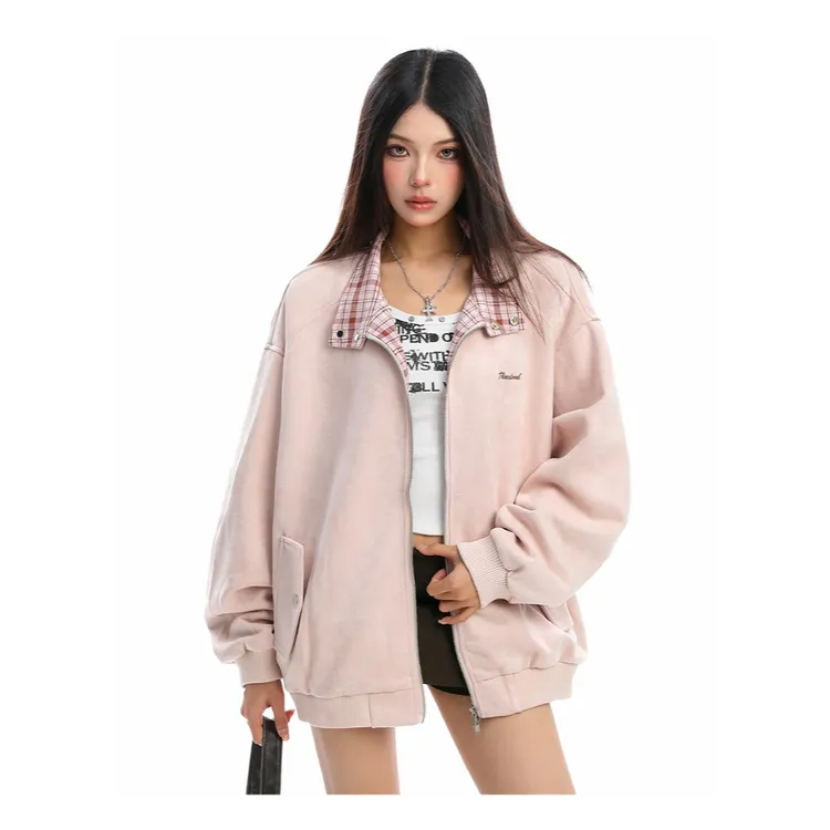 -EQME-格子拼接麂皮绒外套男女款秋季350G空气层棒球服休闲夹克