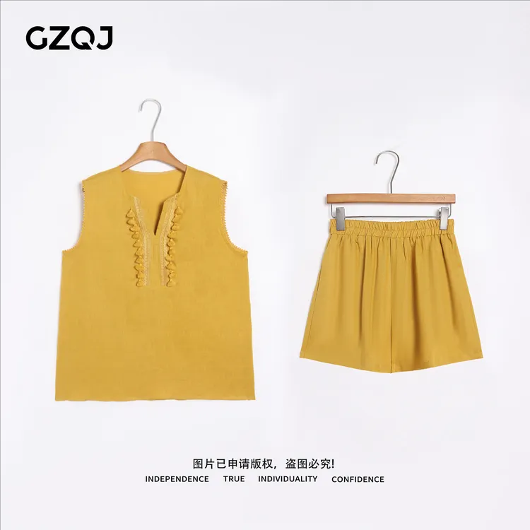 老琴私服【衣橱漫步】100亚麻欧若风时尚无袖上衣短裤子套装女87171