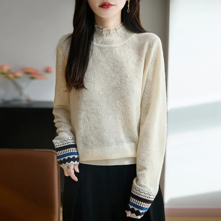 哥弟阿玛施正品蕾丝钩花羊毛打底衫女半高领毛衣2025新款洋气减龄