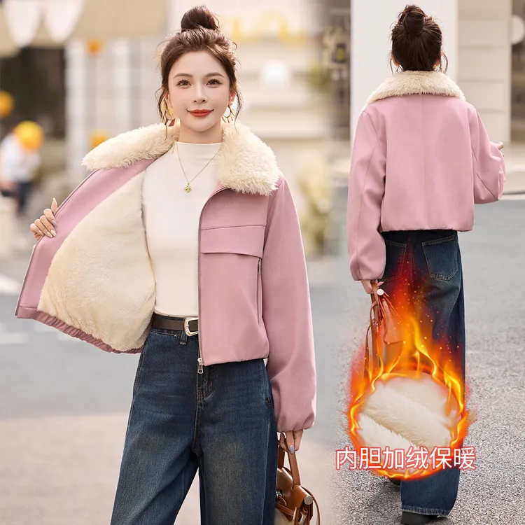 高端麂皮绒外套女短款2025冬装新款宽松洋气加绒加厚保暖夹克上衣
