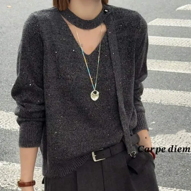 青青家 灰色飘带针织衫