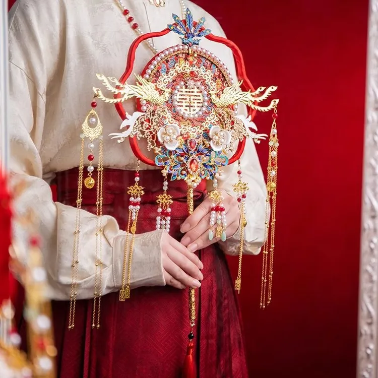 新娘结婚团扇搭配秀禾服出嫁手工喜扇diy材料包中式古风成品扇子