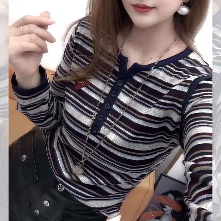 2025春秋季新款女士高级感简约休闲通勤黑色条纹长袖百搭舒适上衣