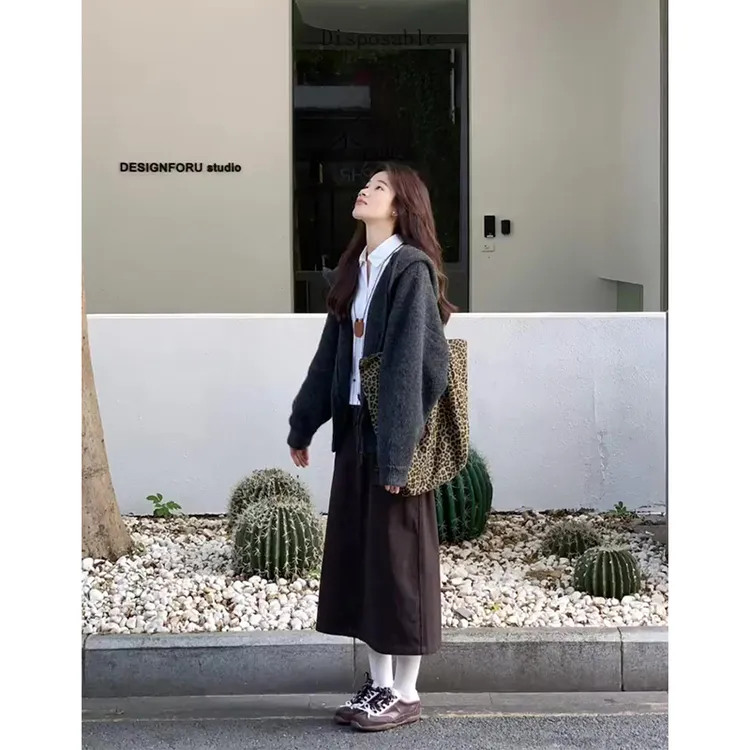 MARIE.COCO韩系高级感穿搭连帽毛衣外套衬衫后开叉包臀裙秋季套装