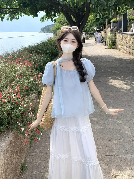 立体设计花朵衬衫2025夏季新款宽松泡泡袖上衣白色半身裙卡其裙裤