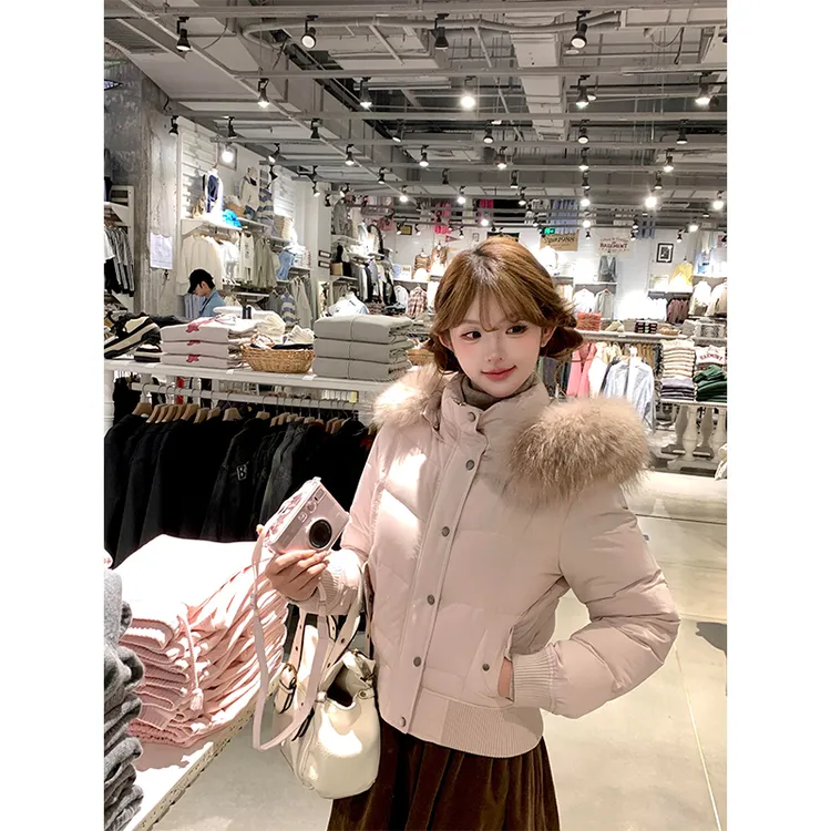 粉色甜美风大毛领连帽棉服外套女冬季新款加厚保暖百搭短棉衣棉袄