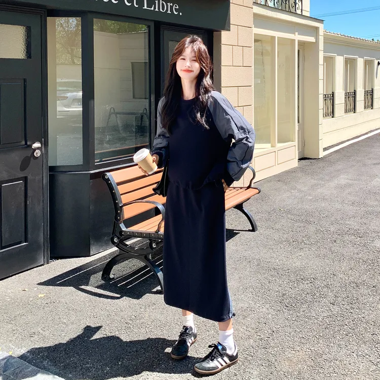 韩式撞色拼接卫衣半身裙套装2025早秋新款慵懒休闲松弛穿搭一整套