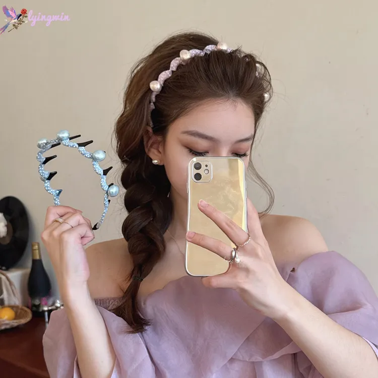 韩系波点网纱珍珠发箍女高颅顶头箍气质外出发卡带齿防滑洗脸头饰