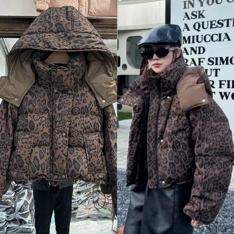 多巴胺豹纹大码棉服女欧洲站2025冬季新款豹纹小个子加厚面包外套