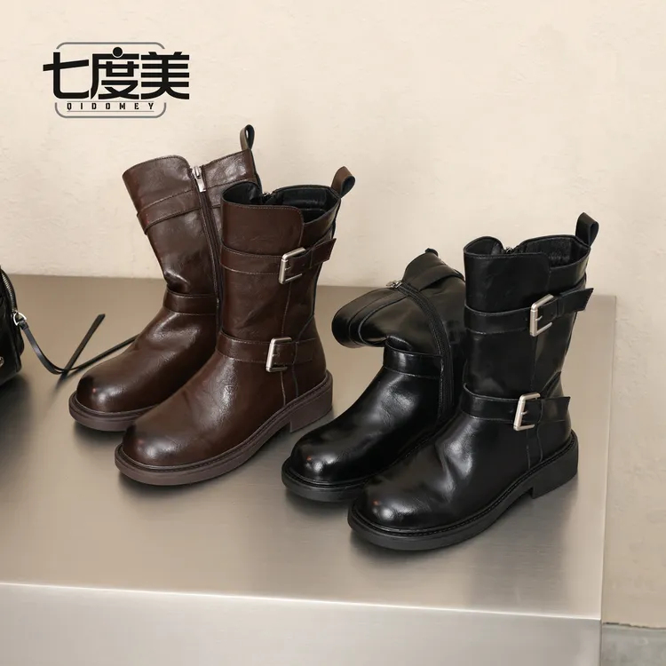 英伦风皮带扣马丁靴女款2025秋冬新款平底显瘦西部靴骑士靴短靴01