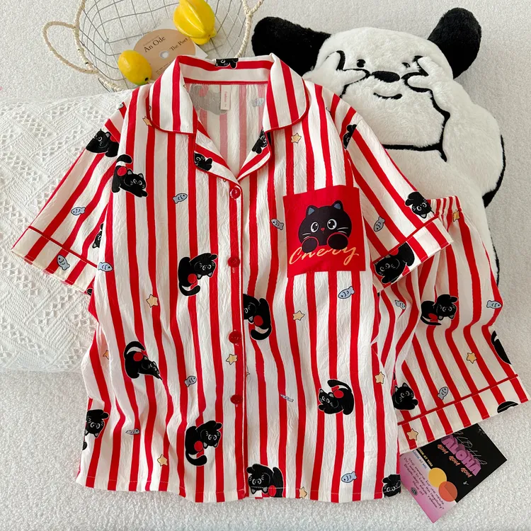 红条纹小黑猫夏季女款睡衣短袖显白可爱简约家居服套装舒适可外穿