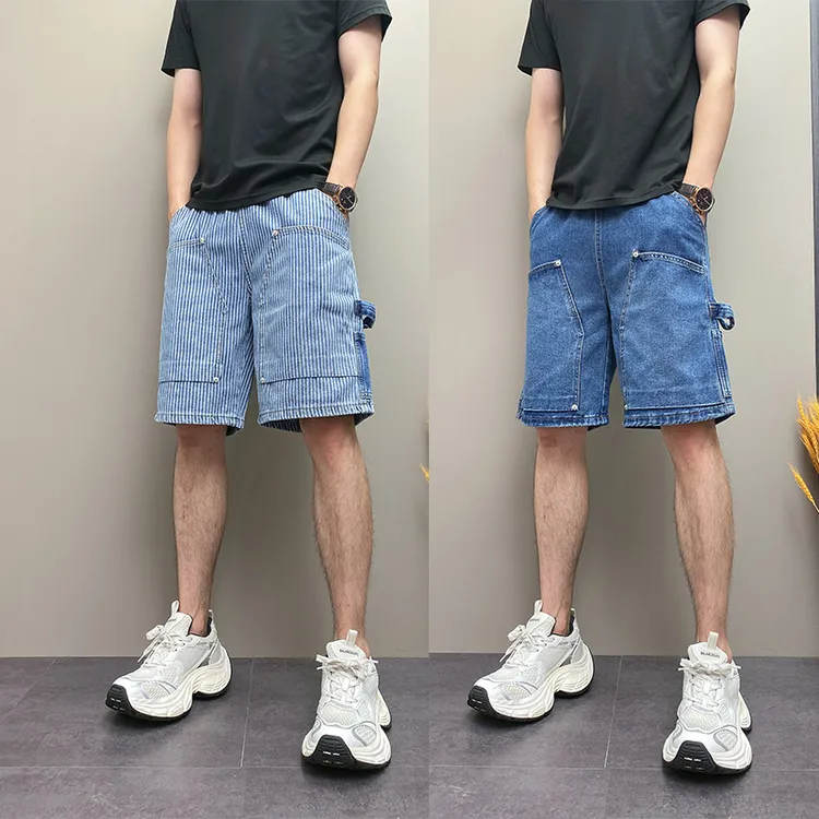 2025年夏季薄款潮流韩版痞帅条纹蓝色水洗高级青年男士休闲五分裤