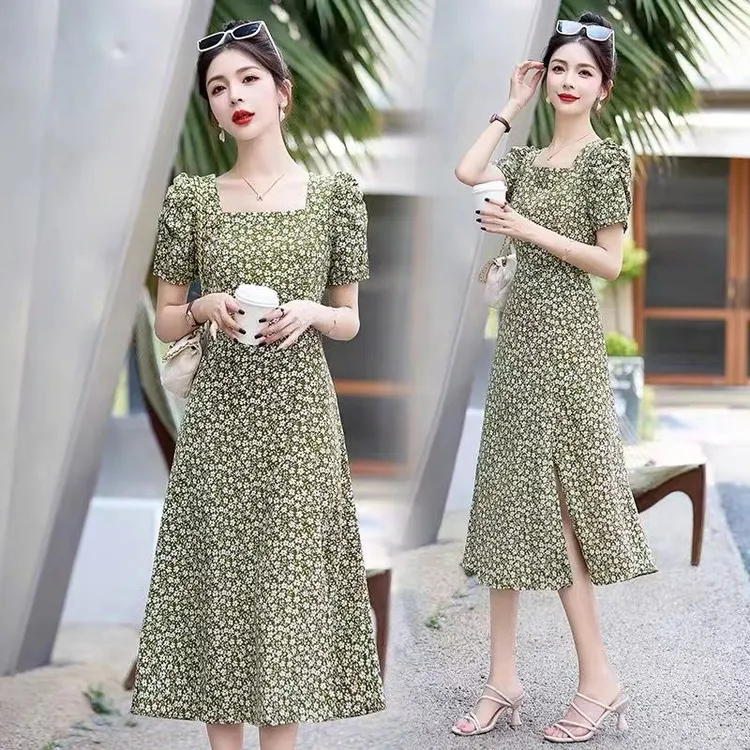 夏季方领碎花裙小个短袖法式收腰气质名媛修身显瘦开叉中长裙
