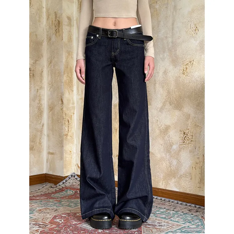 深蓝色微喇叭牛仔裤女秋季新款低腰修身阔腿显瘦百搭直筒拖地裤子