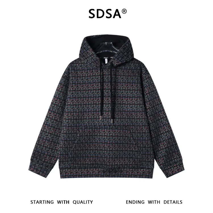 SDSA男士秋冬新款痞帅男装时尚撞色格子绒毛抽绳连帽卫衣百搭宽松