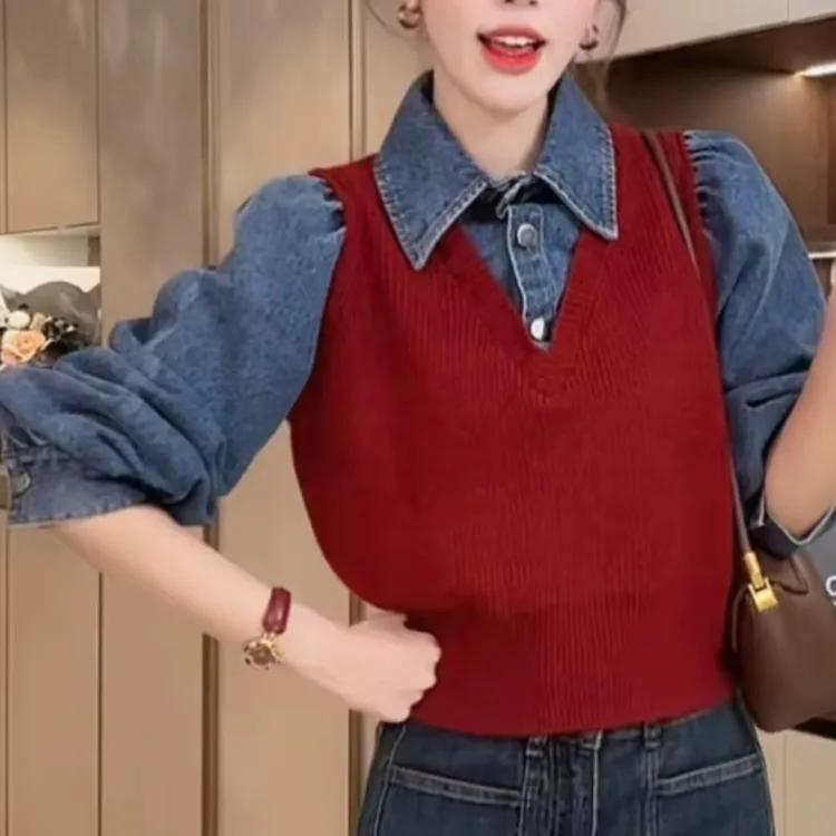 2025年秋季做旧牛仔翻领拼接衬衫假两件小个子毛衣针织开衫短款