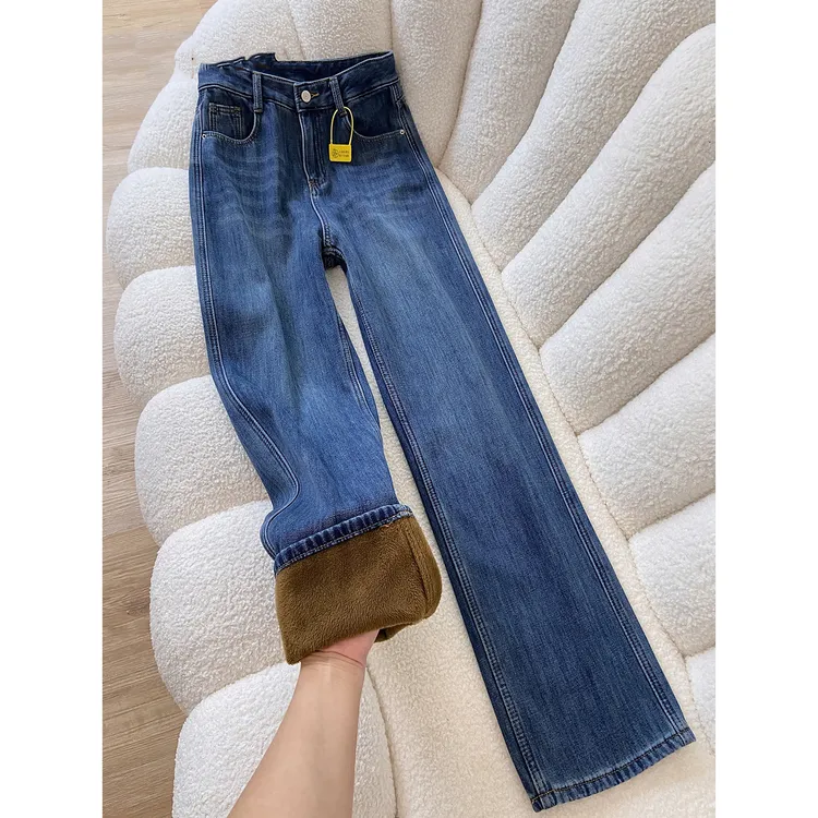 加绒复古蓝百搭直筒牛仔裤女秋冬2025新款高腰显瘦加厚保暖阔腿裤