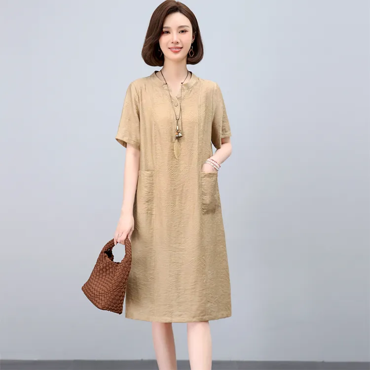 高端天丝麻连衣裙女夏季2025新款妈妈时尚宽松休闲气质V领中长裙