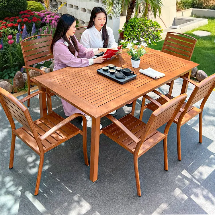 【莫家品牌】庭院铝合金桌椅仿木纹中式桌椅组合户外露台花园桌椅