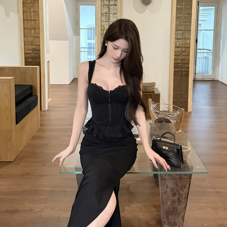 法式气质蕾丝收腰显胸上衣半裙套装高级感露背日常通勤鱼尾裙套装
