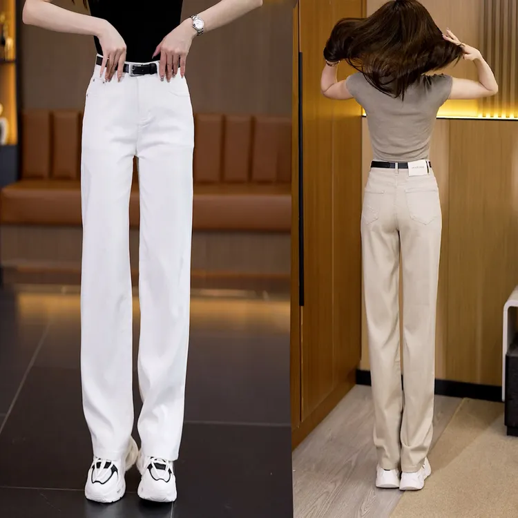 米白色高腰显瘦窄版阔腿裤女夏2025爆款休闲时尚直筒牛仔裤