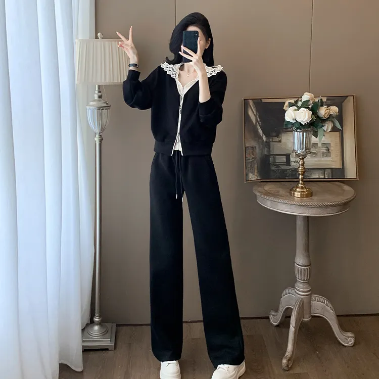 休闲风时尚套装韩版炸街运动套装洋气开衫蕾丝拼接连帽卫衣两件套