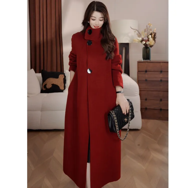 【拥抱】原创设计茧型双面羊绒大衣女长款立领A字廓版冬季羊毛外套