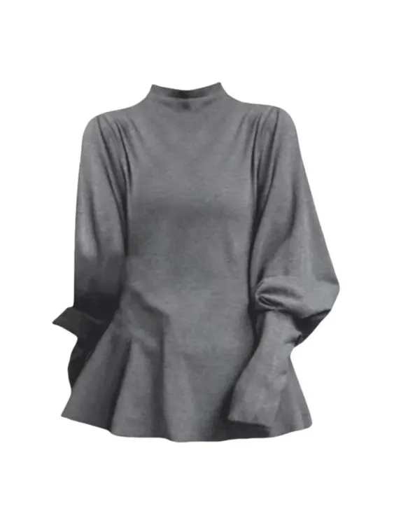 胖mm设计款半高领打底T恤秋冬修身收腰内搭灯笼袖上衣