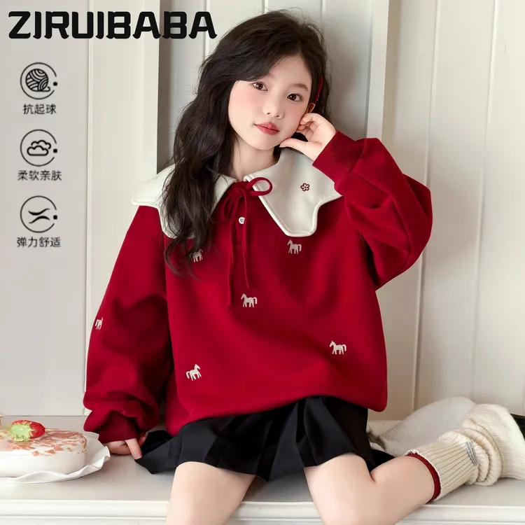 女童卫衣冬加厚2026马年本命年衣服女孩大童新款红色加绒保暖上衣
