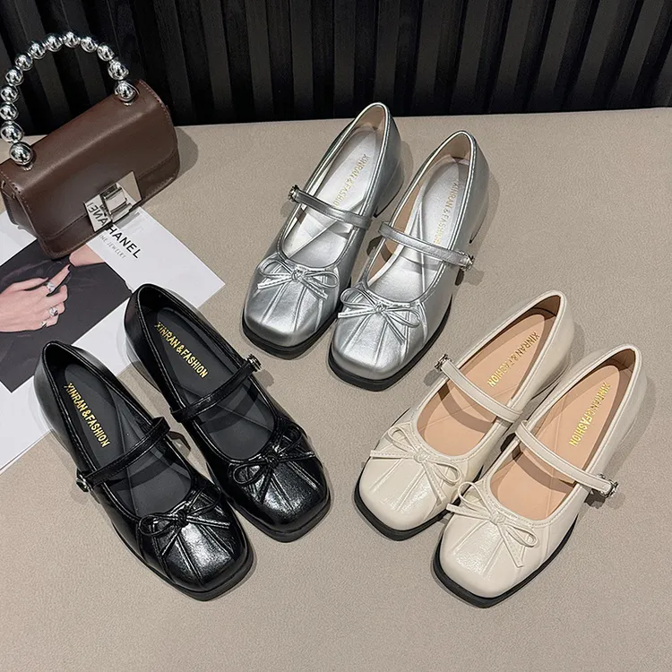 缎面蝴蝶结方头玛丽珍女鞋子女款爆款2025新款马蹄跟百搭时尚单鞋