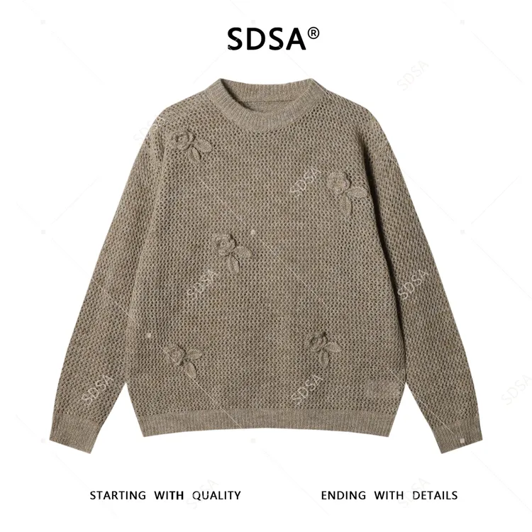 SDSA男士秋冬新款痞帅男装潮牌纯色立体针织花朵圆领毛衣百搭时尚