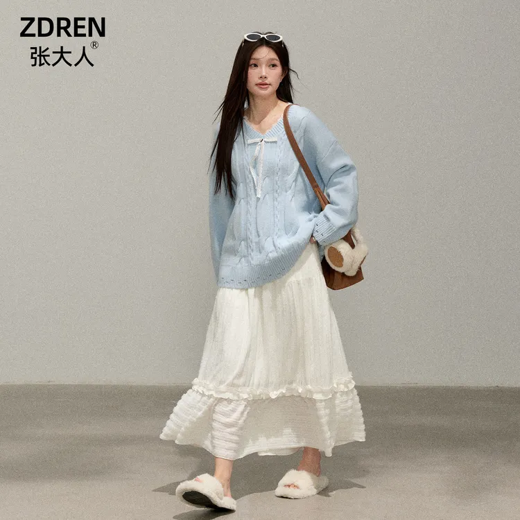 张大人【奶油蛋糕】大码女装微胖妹妹假两件蝴蝶结上衣搭纯白仙女裙