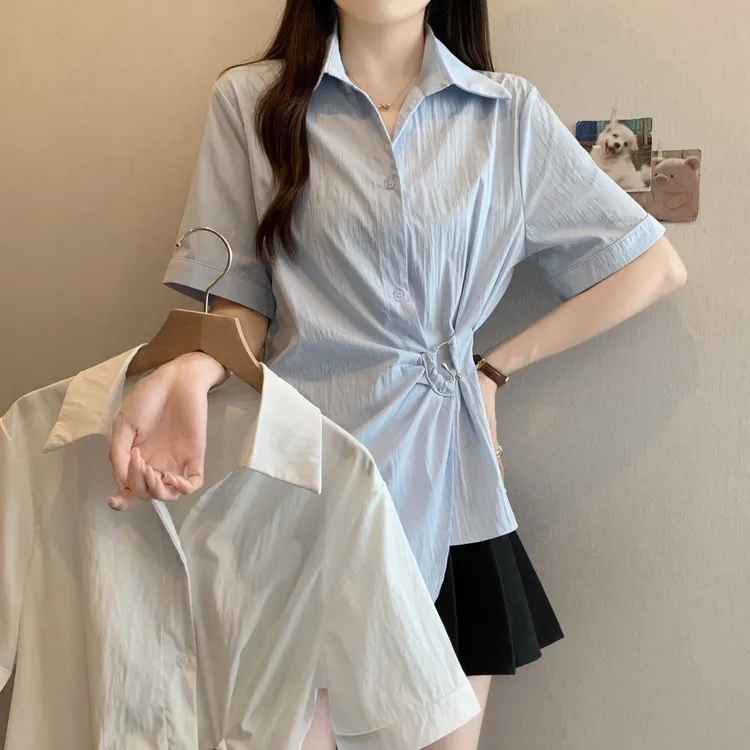 大码夏季法式翻领不规则设计感百搭收腰显瘦短袖上衣衬衫女7173