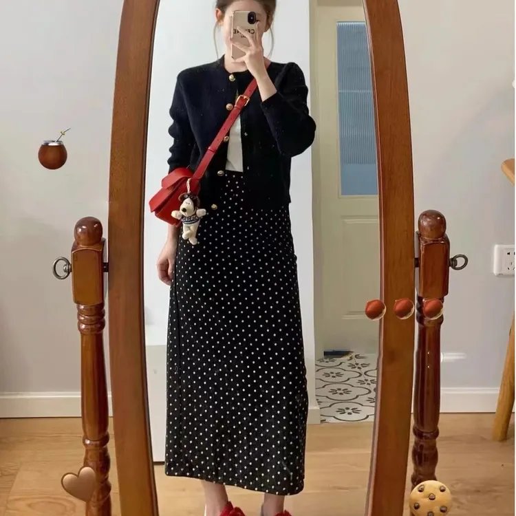 黑色针织开衫上衣波点半身裙女2025秋冬新款小香风两件套装25036