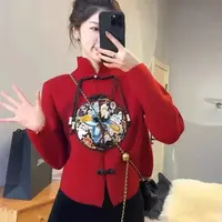 0012衣长50潮牌新中式国风刺绣过年红色毛衣秋冬立领开衫针织上衣