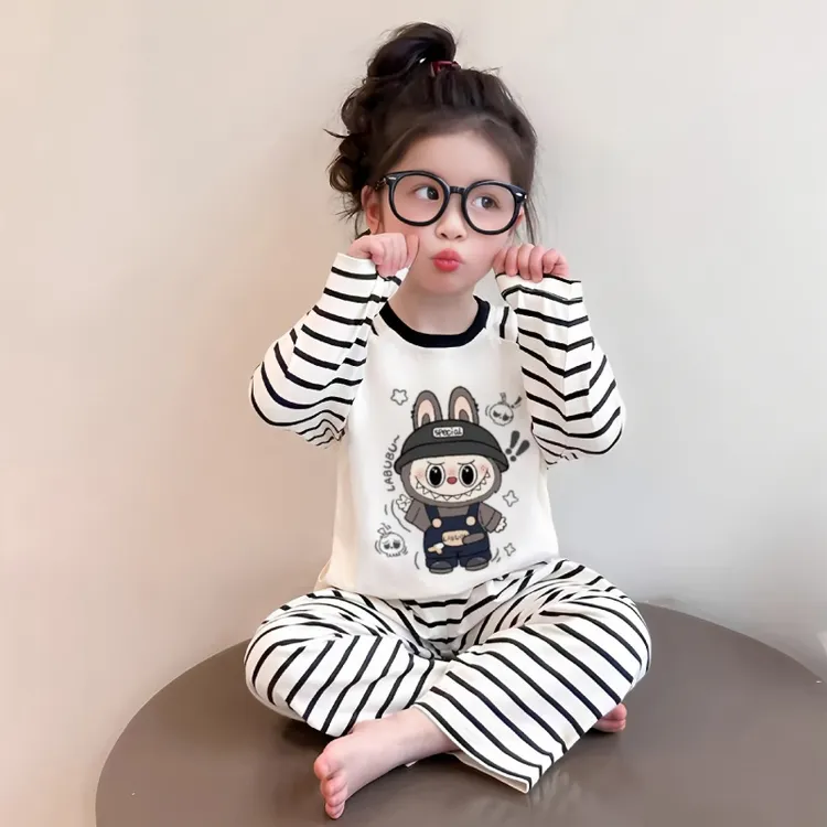 儿童睡衣2025新款春秋女童卡通哪吒长袖条纹洋气女宝宝家居服套装