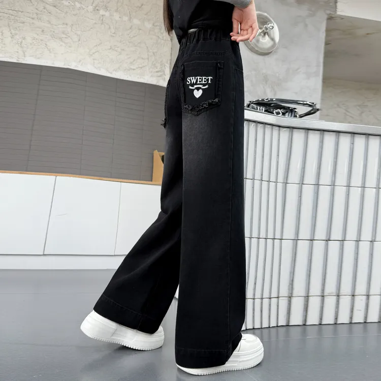 女童加绒裤子秋冬2025新款女孩酷飒刺绣窄版阔腿儿童一体绒牛仔裤