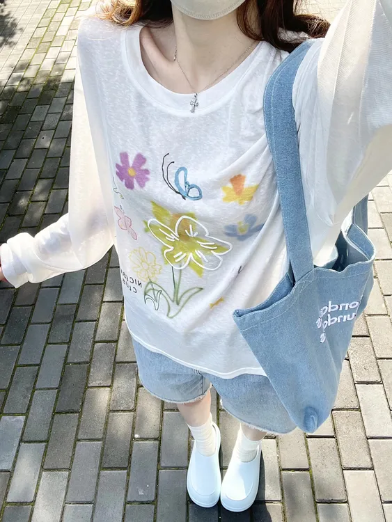 夏季防晒罩衫微透长袖T恤女新款印花慵懒宽松超好看独特漂亮上衣
