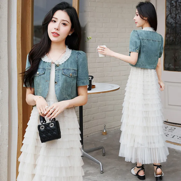 中长款背心网纱裙套装女夏2025年夏季新款法式牛仔短外套配蛋糕裙