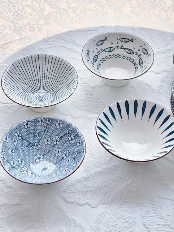 瓷县令泡泡鱼7英寸斗笠碗4只装/6只装家用釉下彩沙拉碗陶瓷餐具