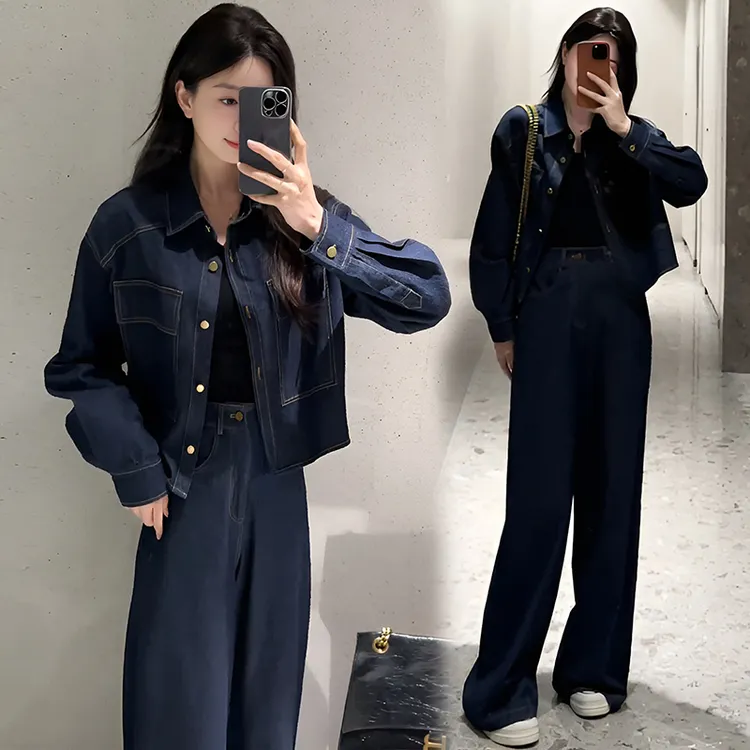 港风复古套装裤女春秋设计感短款外套高腰阔腿裤长裤时尚两件套潮