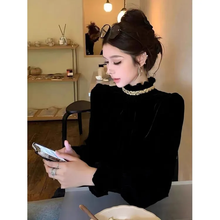 黑色木耳边立领丝绒衬衫女秋冬轻奢高端独特漂亮气质法式小资上衣
