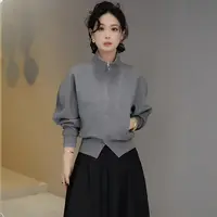 2025秋美式复古半拉链休闲卫衣外套女倒三角螺纹松紧开叉立领上衣
